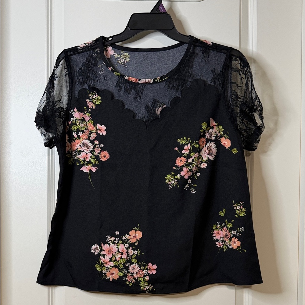 SHEIN Black Blouse with Pink Floral Print and Lace Yoke